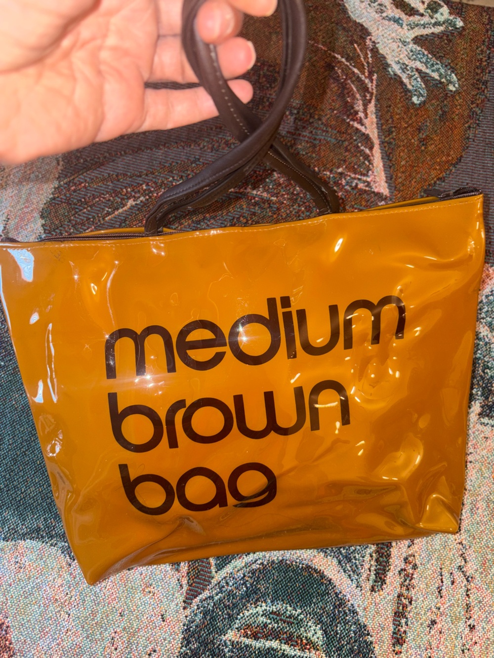 Bloomingdale's Glossy Medium Brown Bag Amber Orange Tote Bag with Brown Handles